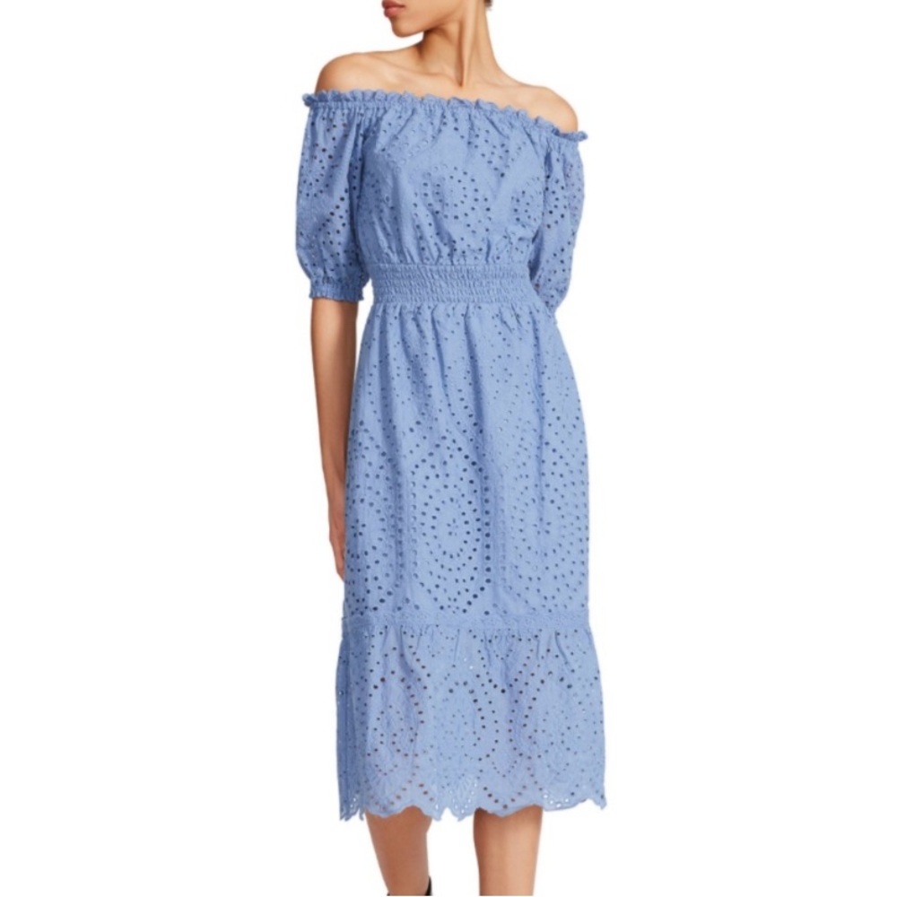Betsey Johnson White Eyelet Midi Dress L Smocked Waist On/Off Puff Sleeves